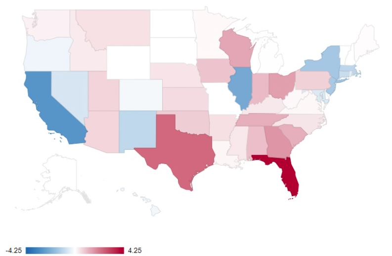 Congressional partisan advantage over baseline by state.